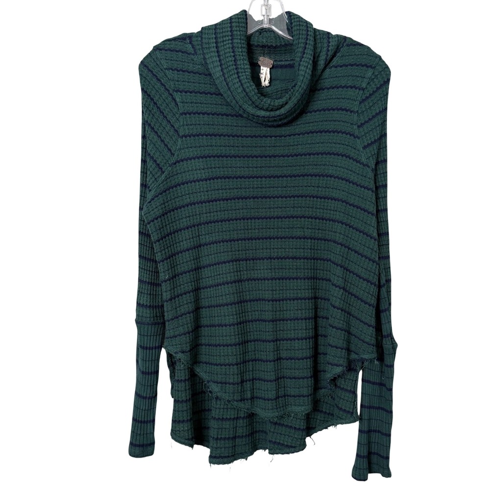 Free People Striped Drippy Thermal Knit Cowl Neck Top Womens M Green Blue Boho